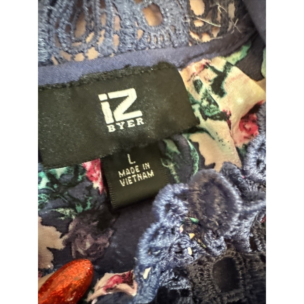 IZ Byer Women's Blouse Off Shoulder 3/4 Sleeve Lace Floral Print Blue Size Large - Picture 3 of 5